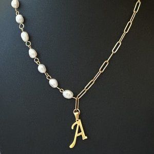 Necklace Real Pearls half Chain,  Initial Letter, Pearls Gold 18KT Waterproof